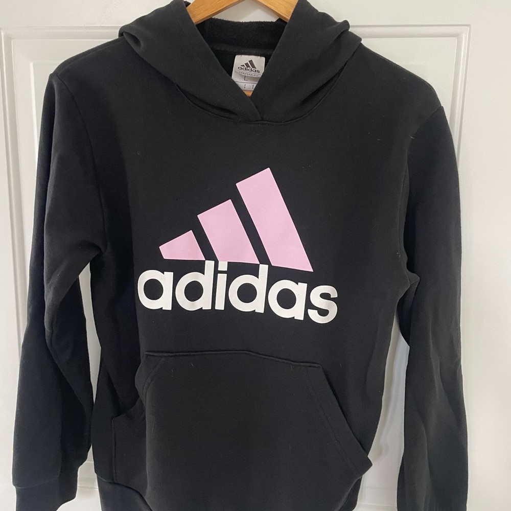 Dark Gray Adidas Hoodie with Pink Logo Pullover Style